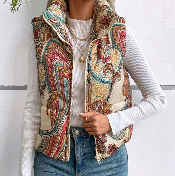 Paisley Print Zip Up Vest Padded Coat,Ladies Late Fall Casual Zipper - Picture 1 of 5